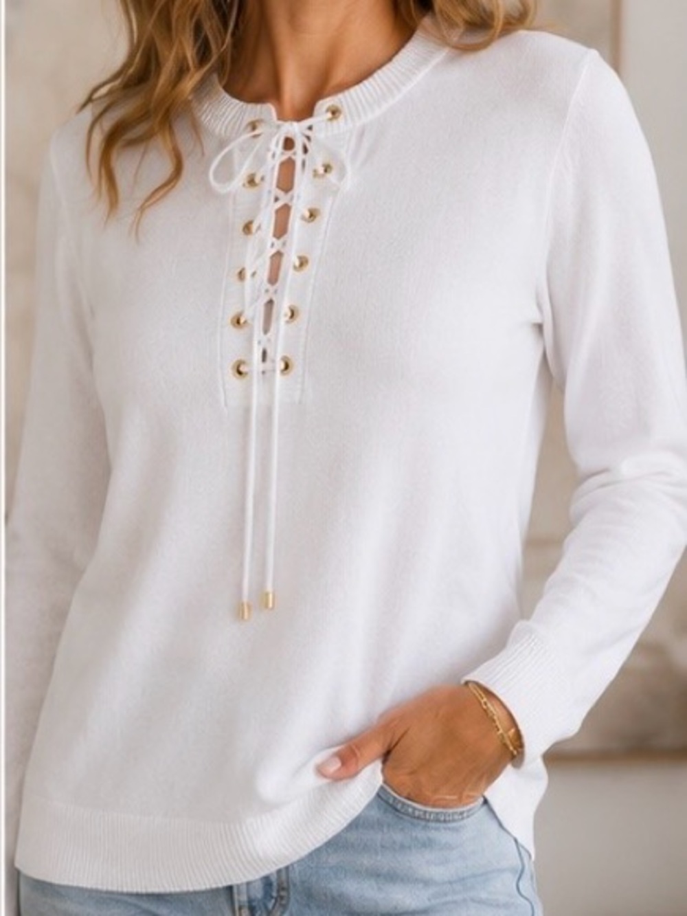 Michael Kors Women’s Sweater Knit Tunic Lace Up White Crew Neck Gold Tone Large